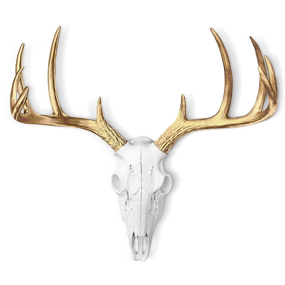 9554 WALL CHARMERS Mini White + Gold Antler Faux Deer Skull - 16" Faux